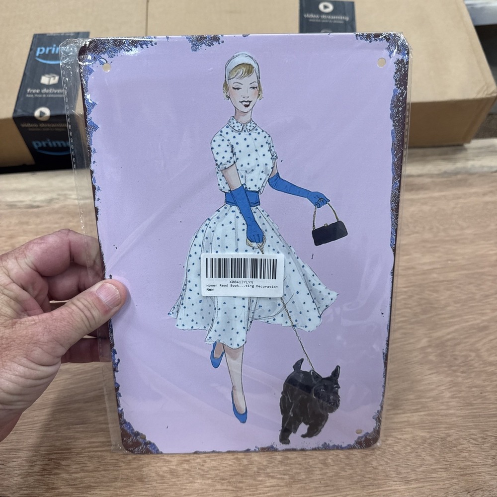Metal Wall Sign Decor Woman In Blue Dress With A Black Dog